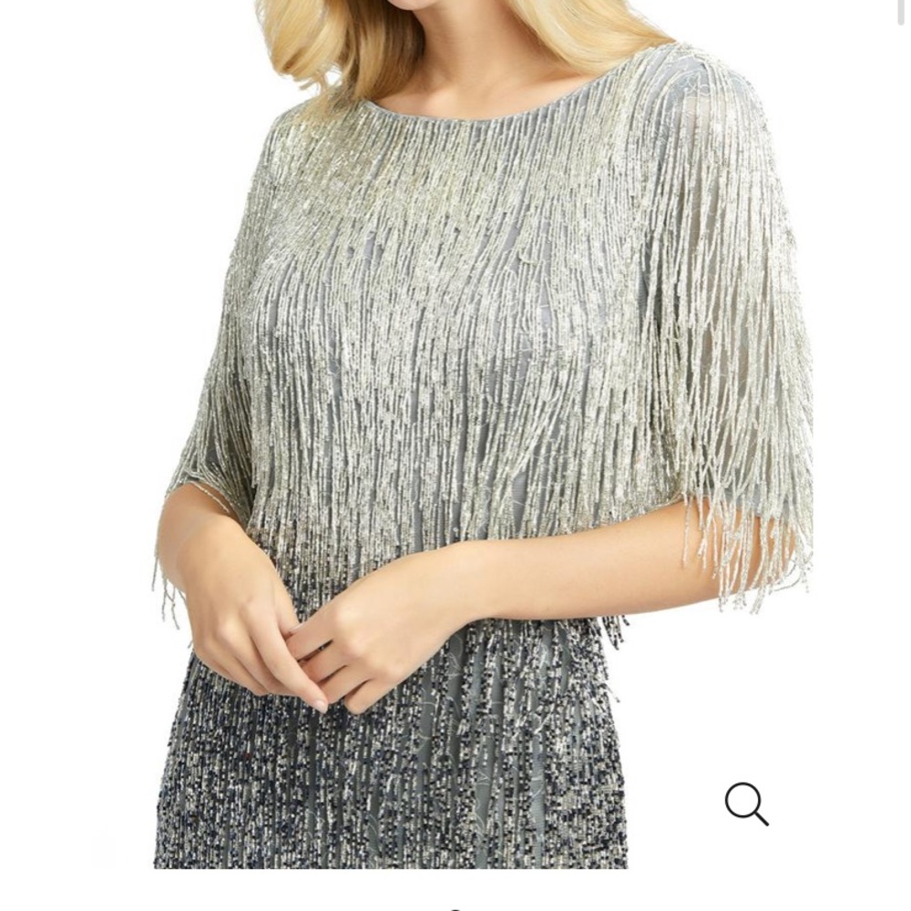 Mac Duggal Silver Beaded Fringe Long Sleeve Dress